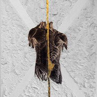 Zwiespalt, 70 x 50cm, Mixed Media Collage. Strukturpasten, Blattgoldimitat, bedruckte Leinwand